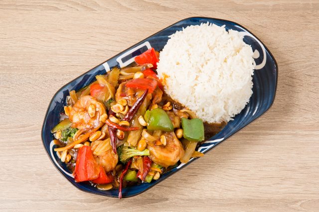 Baby Shrimp with Hot Pepper Peanuts Over Rice.