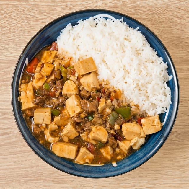 Mapo Tofu with Minced Beef Over Rice.