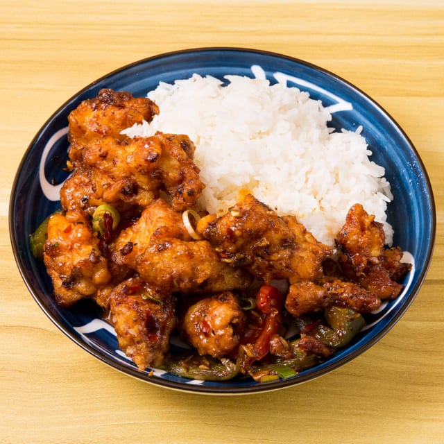 Mala Spicy Chicken Over Rice.