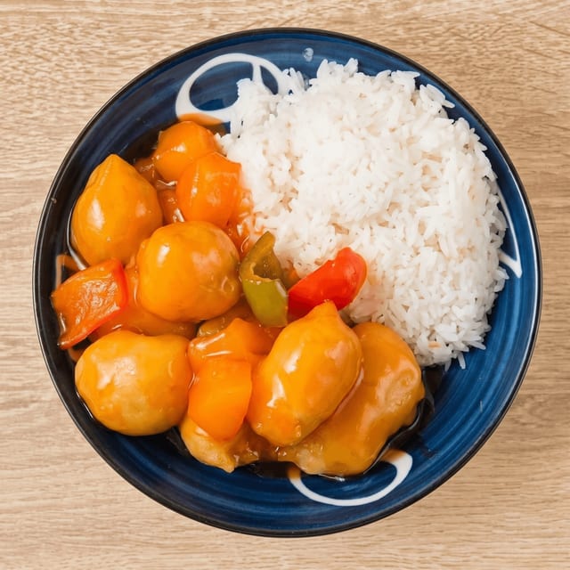 Sweet & Sour Chicken Over Rice.