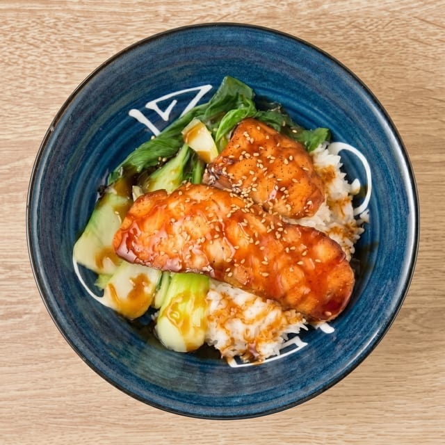 Salmon Teriyaki Over Rice.